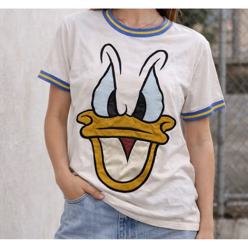 FTW Donald Duck Graphic Ringer T-Shirt Retro Disney Streetwear Cream Blue Sz L